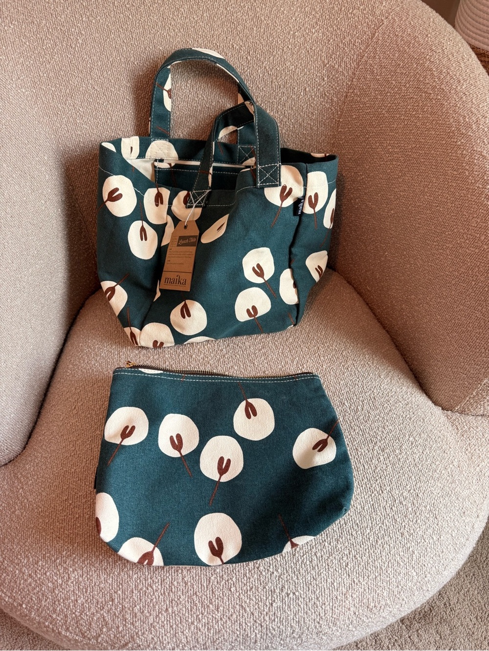 Maika Teal Canvas Tote and Zip Pouch with Cream Floral Motif